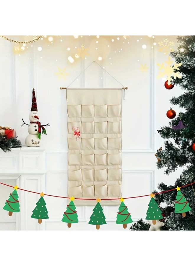 Beige Christmas Advent Calendar Wall Hanging Fabric 24 Pockets Countdown Decor - Image 5